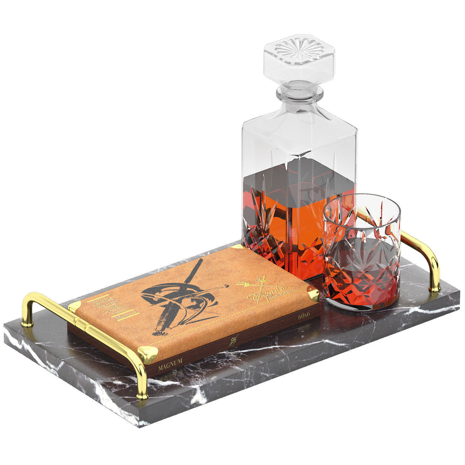 tray of sigars and carafe whiskey wine 3D model_2