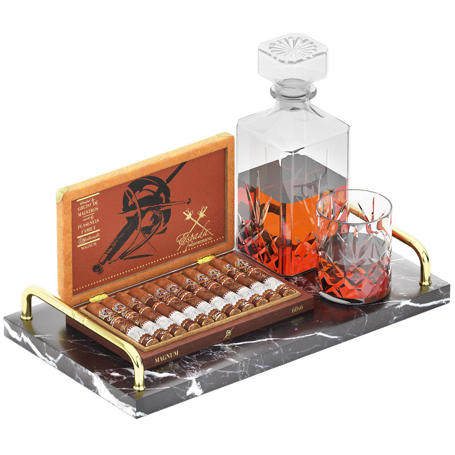tray of sigars and carafe whiskey wine 3D model_1