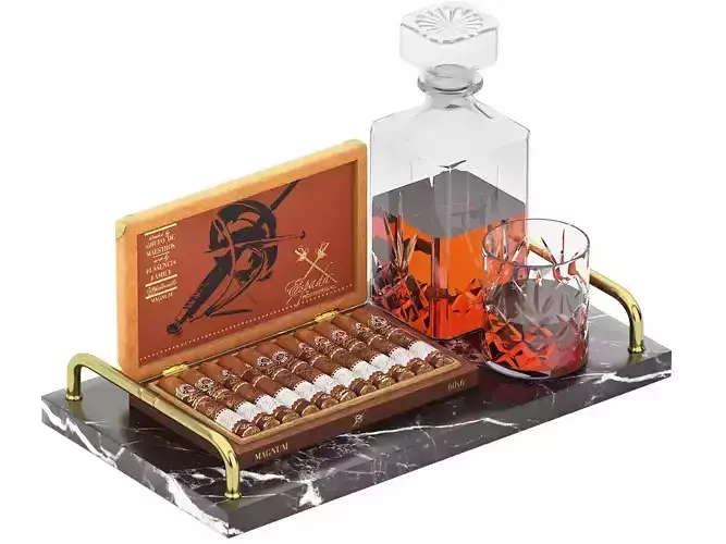 tray of sigars and carafe whiskey wine 3D model