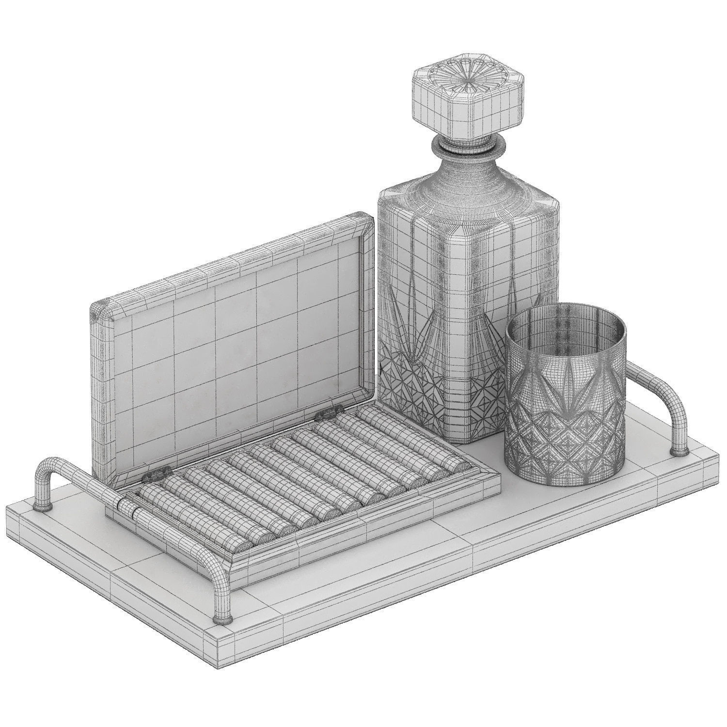 tray of sigars and carafe whiskey wine 3D model_5