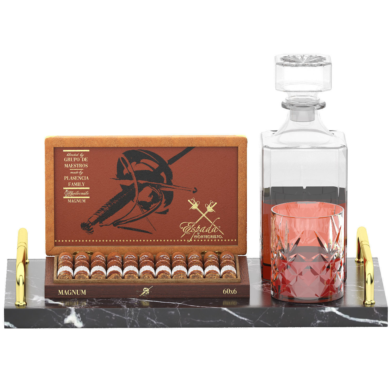 tray of sigars and carafe whiskey wine 3D model_3