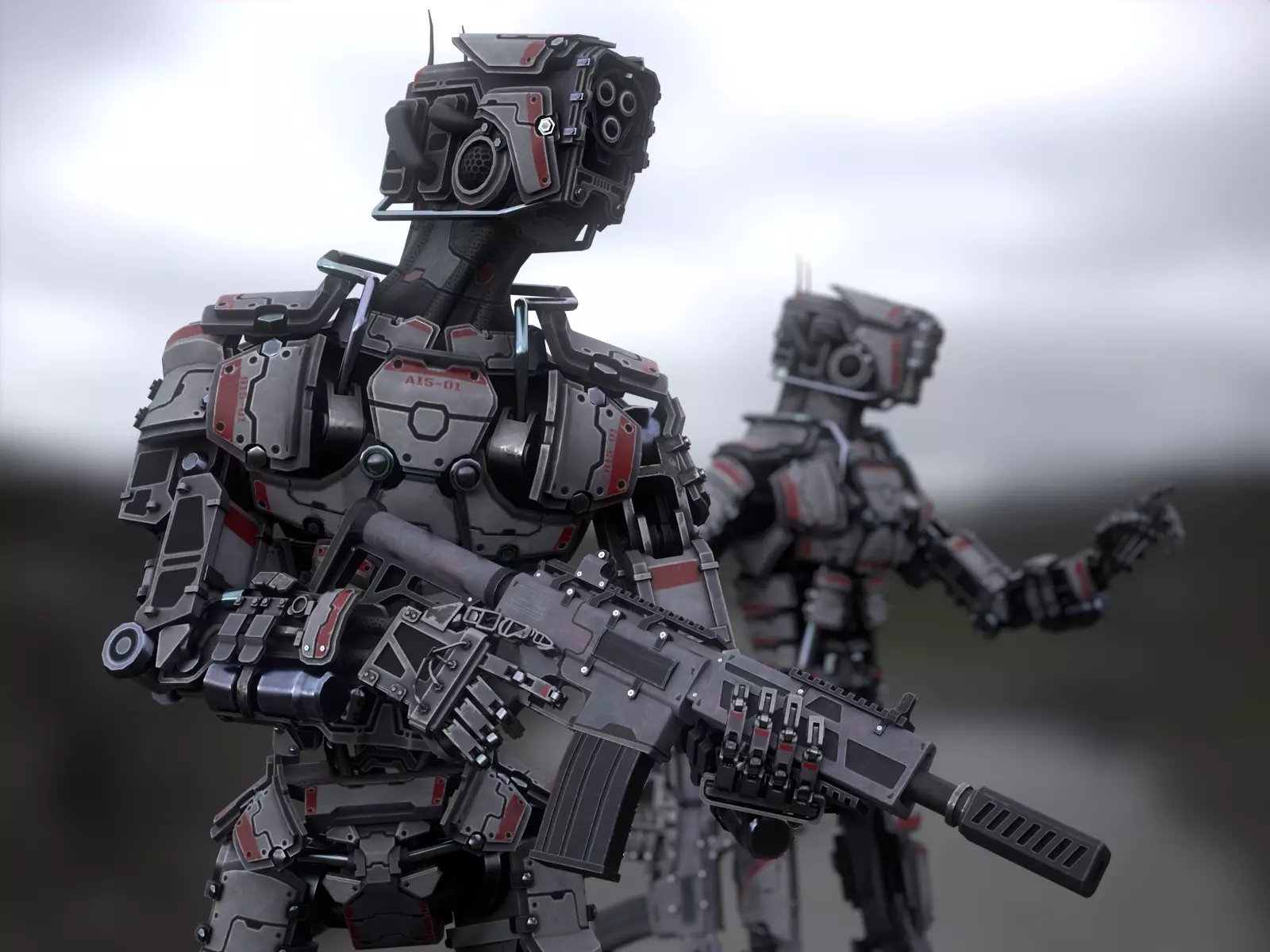 Heavy armored scifi robot character gameready Low-poly 3D model_0