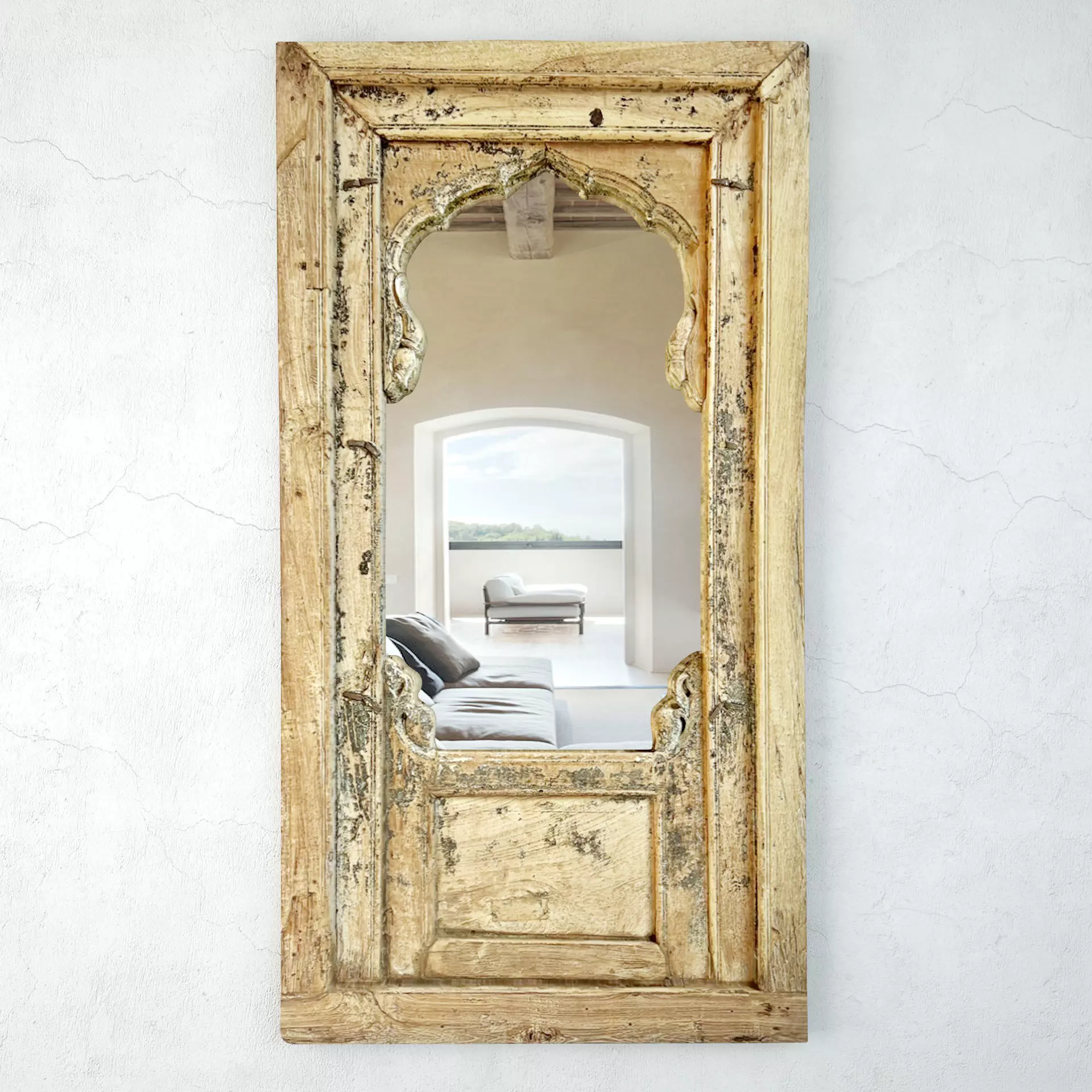 Old Wood Arched Window Mirror 3D model_0