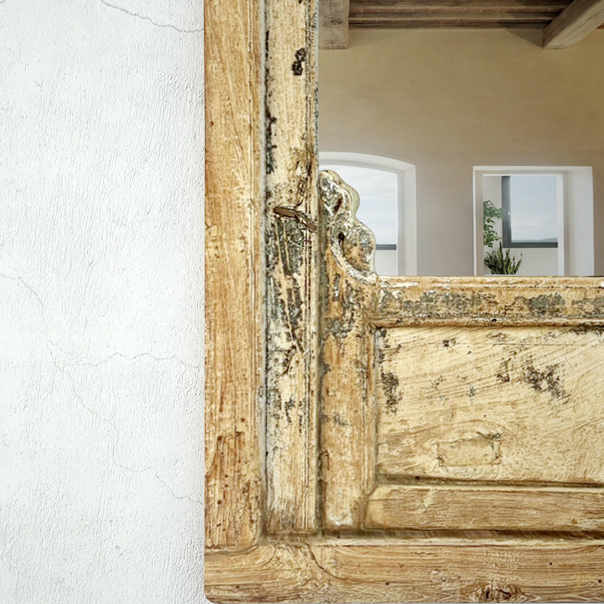Old Wood Arched Window Mirror 3D model_5