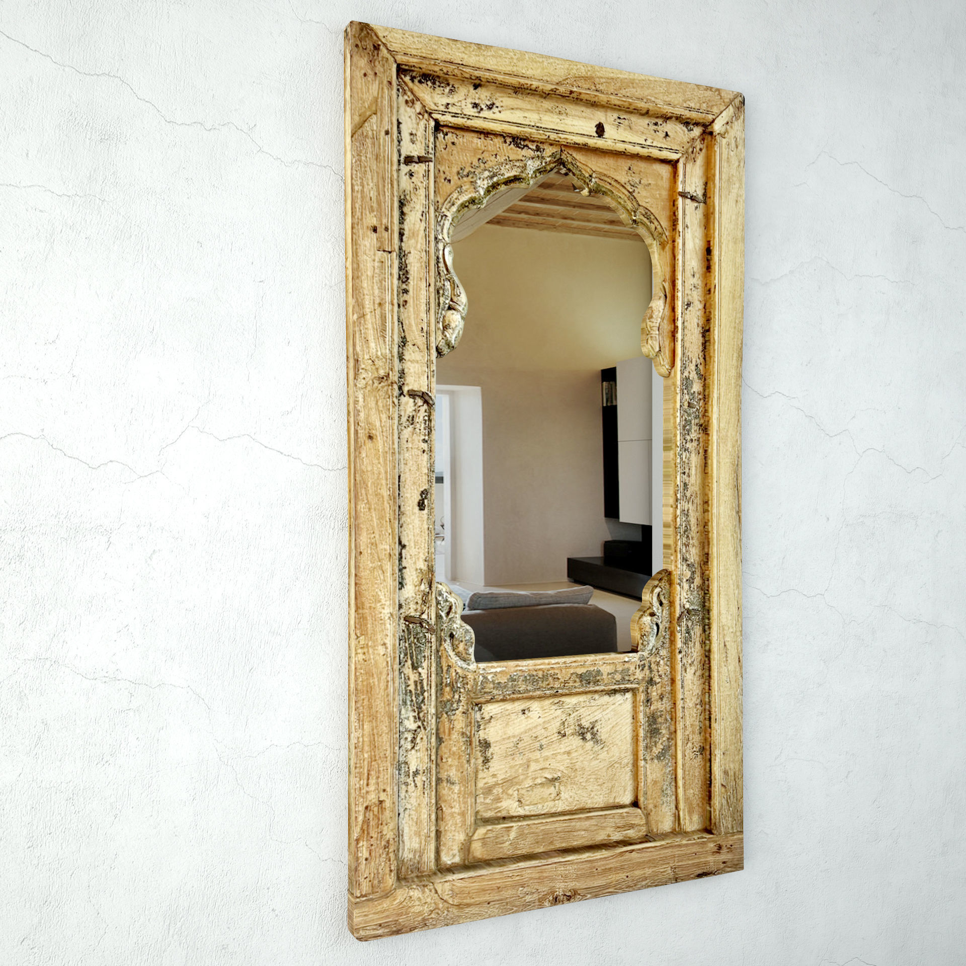Old Wood Arched Window Mirror 3D model_3