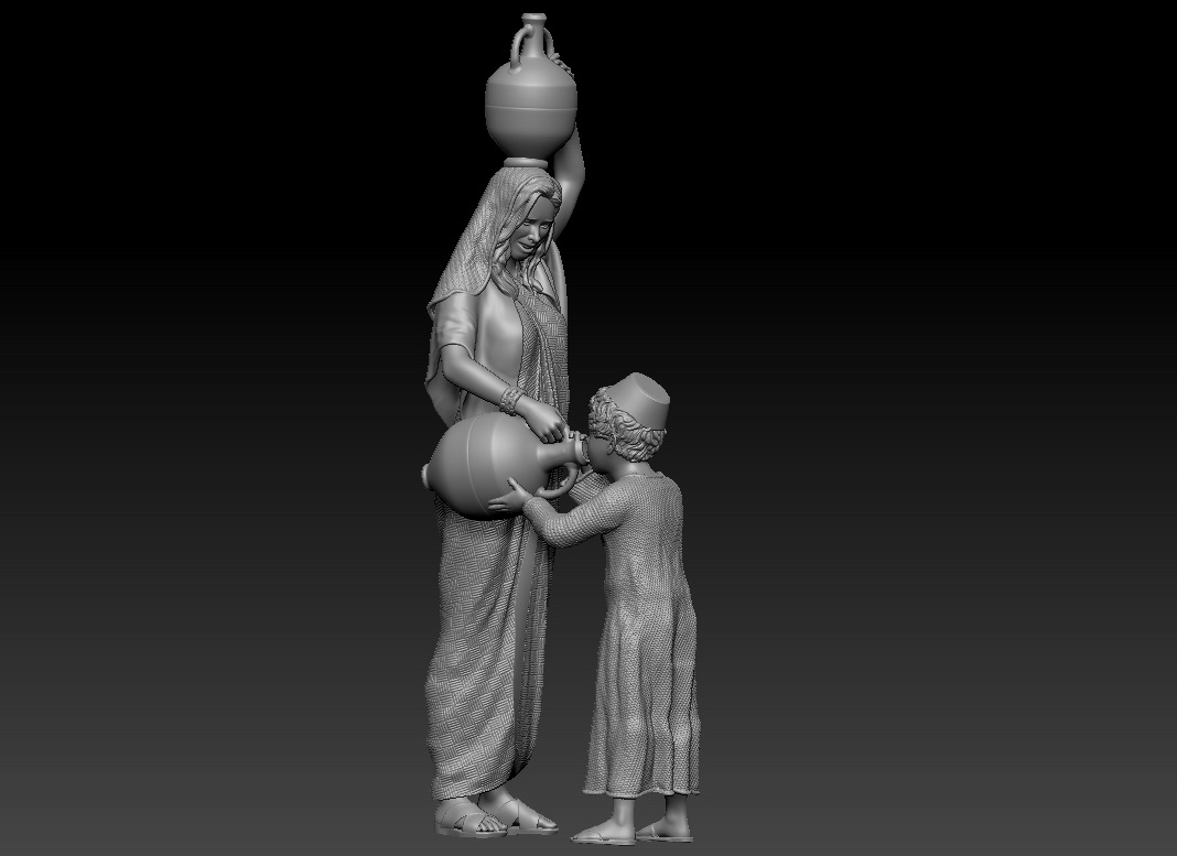 Woman with amphora giving water to a child - printable 3D print model_1