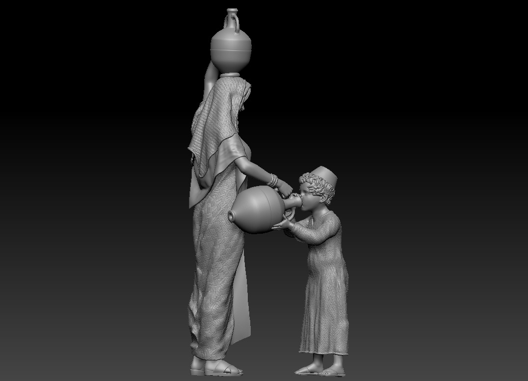 Woman with amphora giving water to a child - printable 3D print model_2