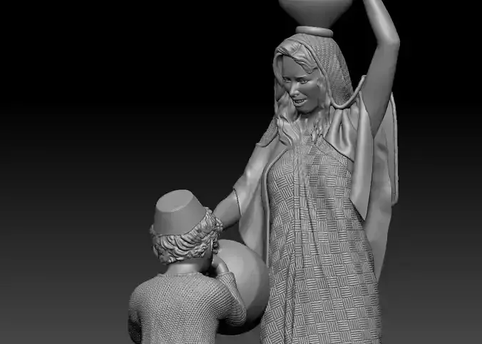 Woman with amphora giving water to a child - printable 3D print model