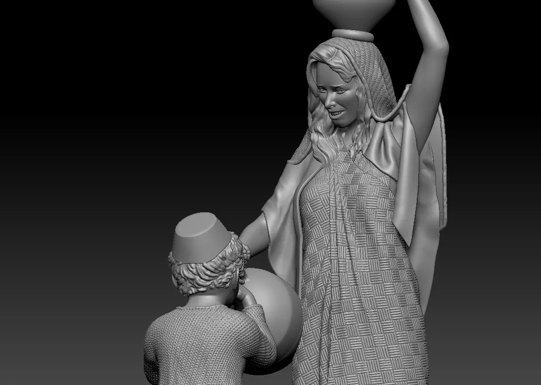 Woman with amphora giving water to a child - printable 3D print model_0