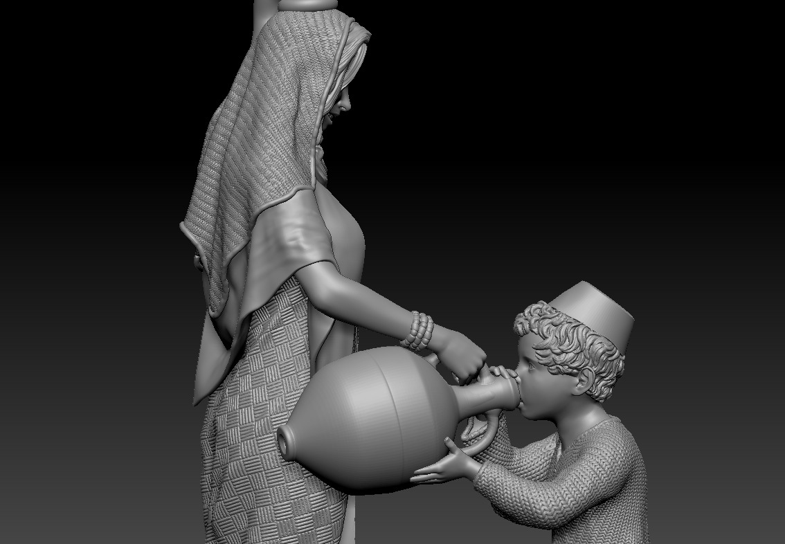 Woman with amphora giving water to a child - printable 3D print model_9