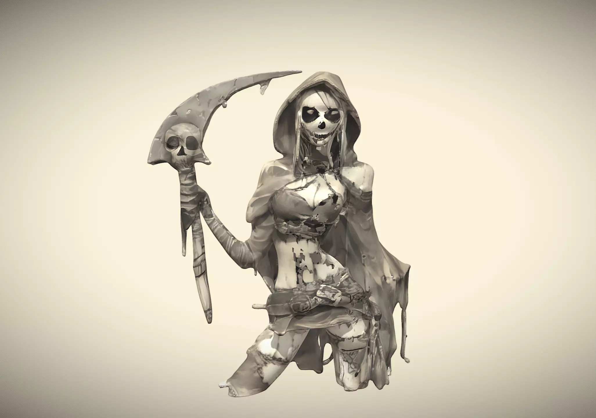 High Poly Female Grim Reaper Holding Scythe Halloween 3D model_0