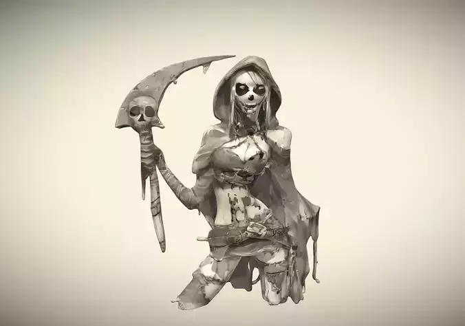 High Poly Female Grim Reaper Holding Scythe Halloween 3D model