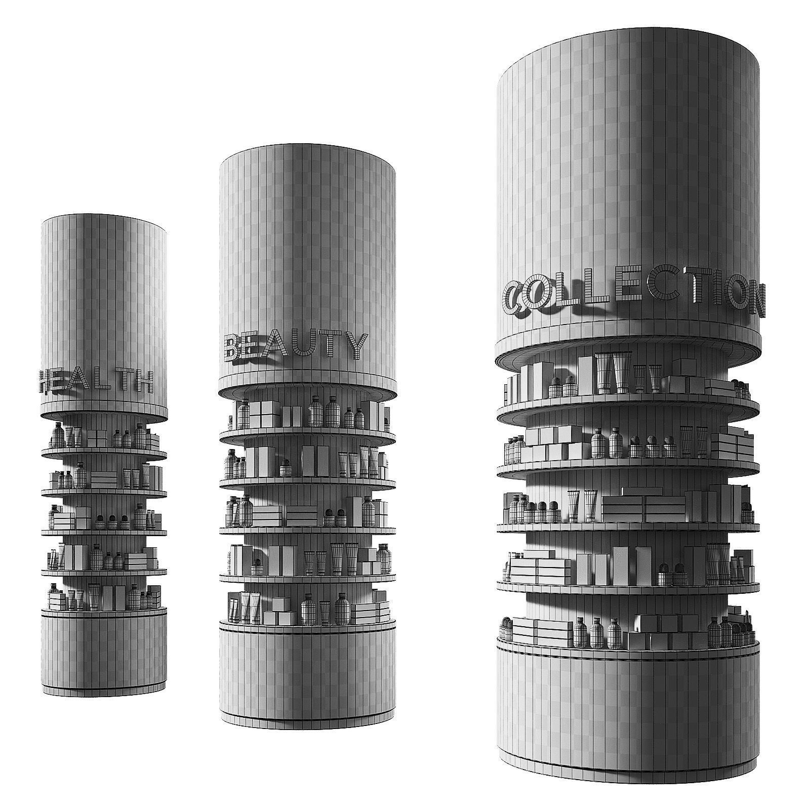 Round columns racks with goods Cosmetics products showcase  3D model_4