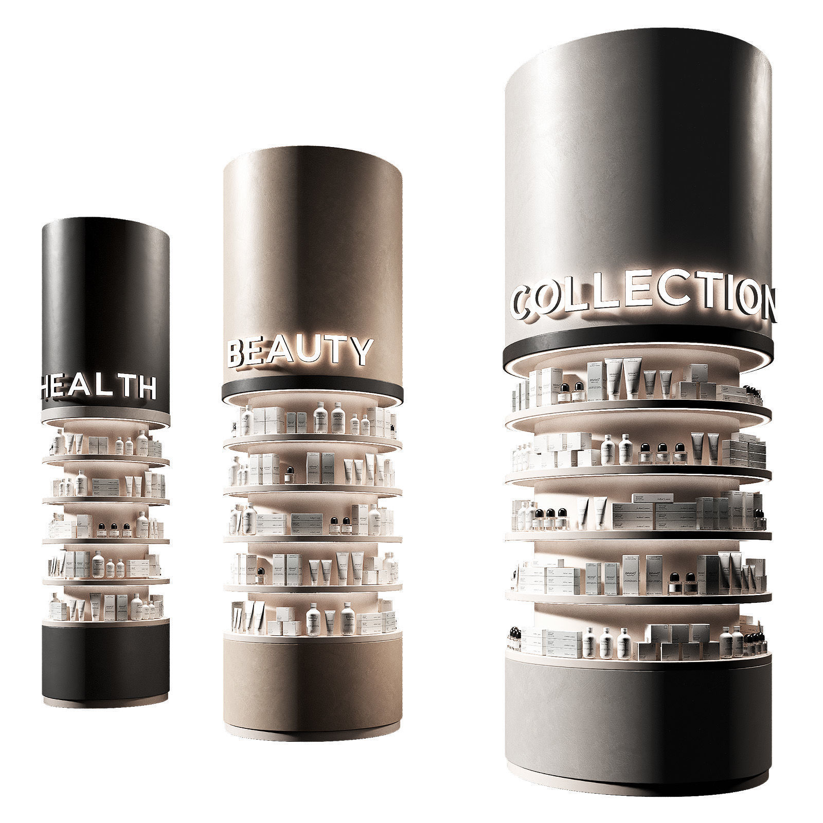 Round columns racks with goods Cosmetics products showcase  3D model_1