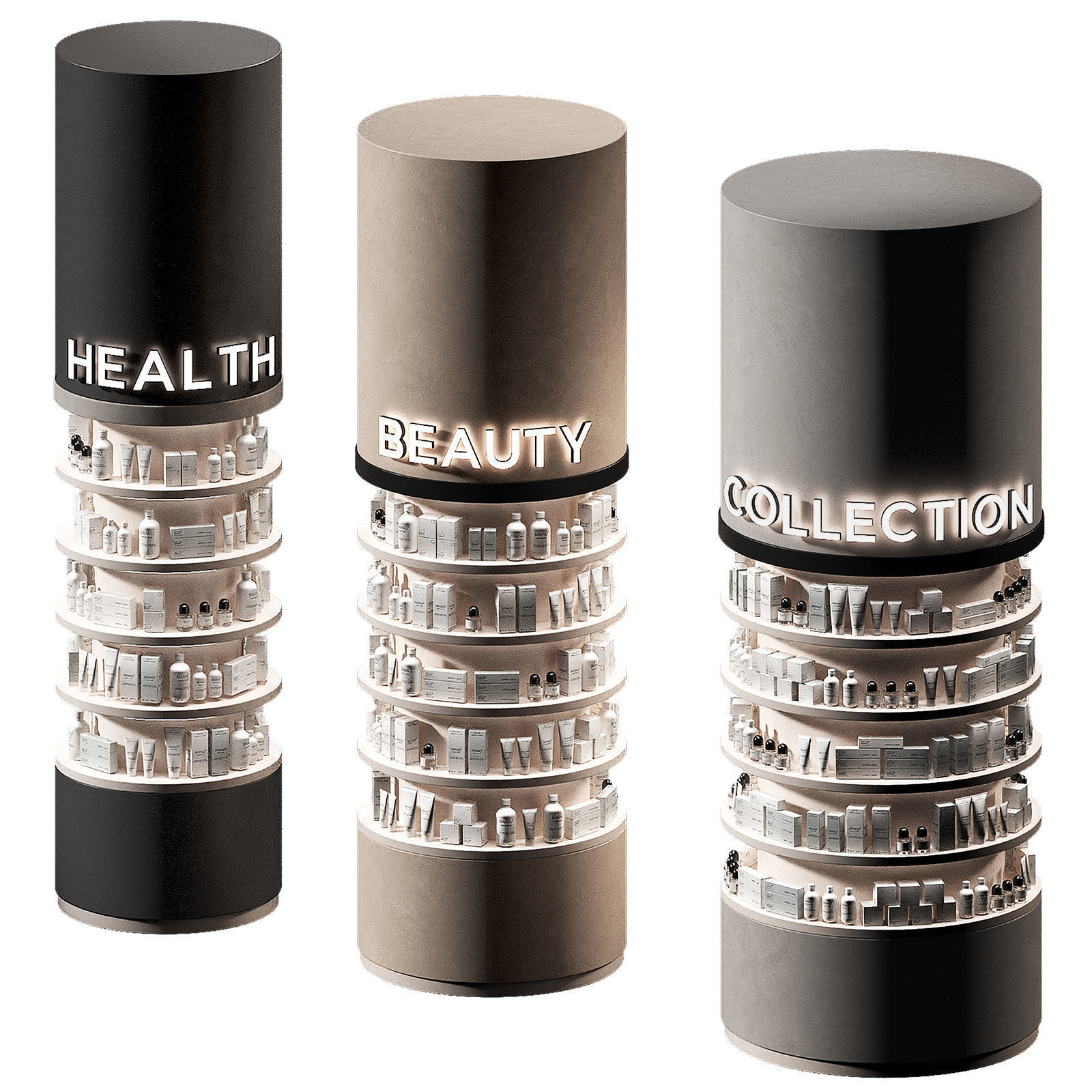 Round columns racks with goods Cosmetics products showcase  3D model_2