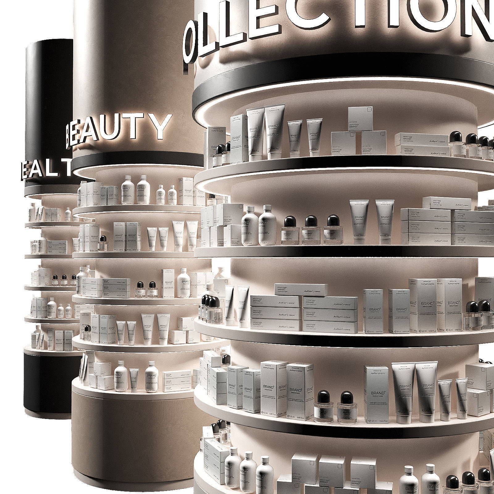 Round columns racks with goods Cosmetics products showcase  3D model_3