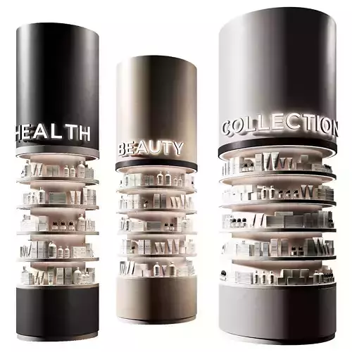 Round columns racks with goods Cosmetics products showcase 