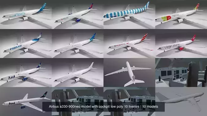 Airbus a330-900neo model with cockpit low poly 10 liveries 3D Model Collection