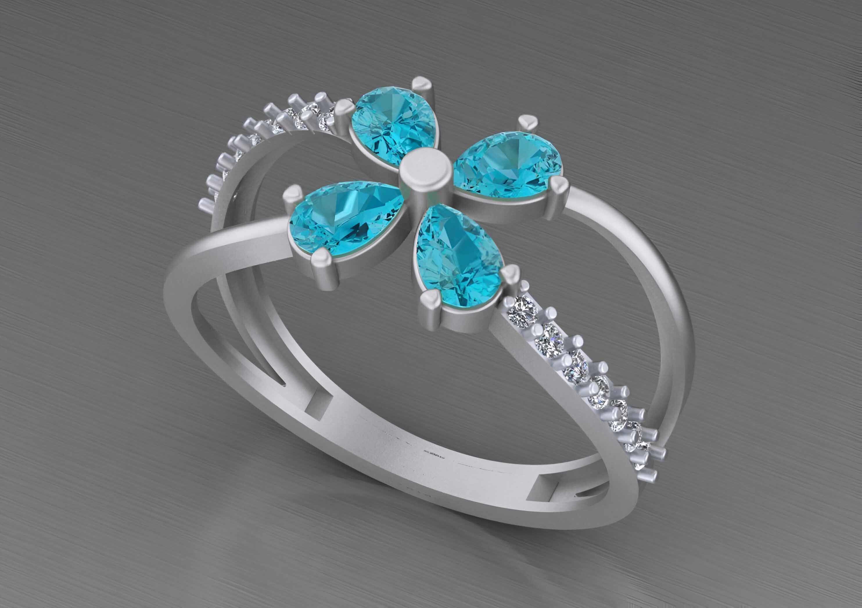 Aquamarine Flower Light weight italian ring 3dm stl renders 3D print model_5