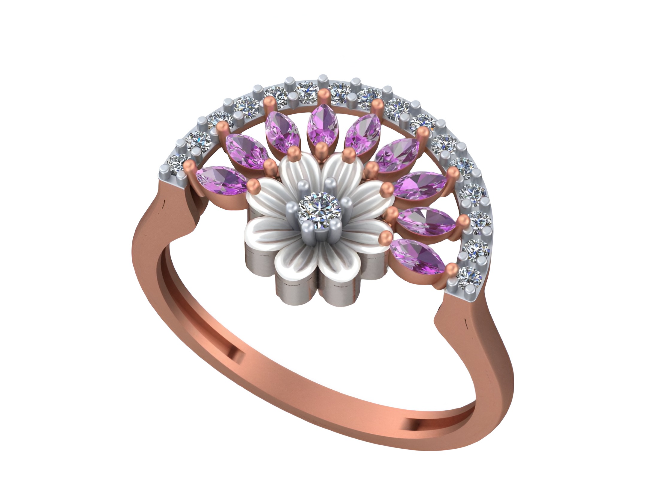 Flower Light weight italian diamond ring 3dm stl renders details 3D print model_5