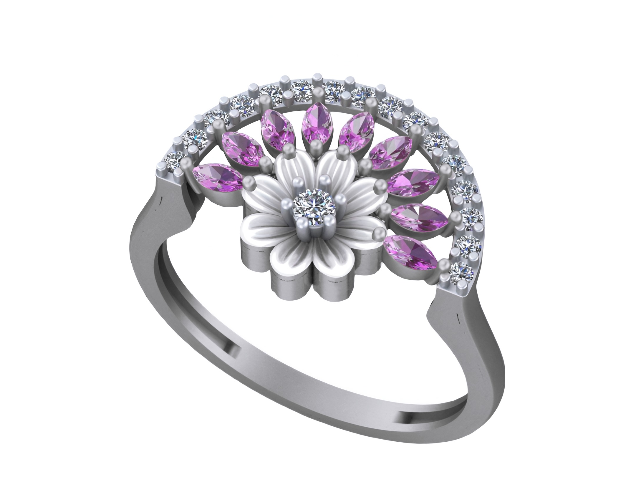 Flower Light weight italian diamond ring 3dm stl renders details 3D print model_7