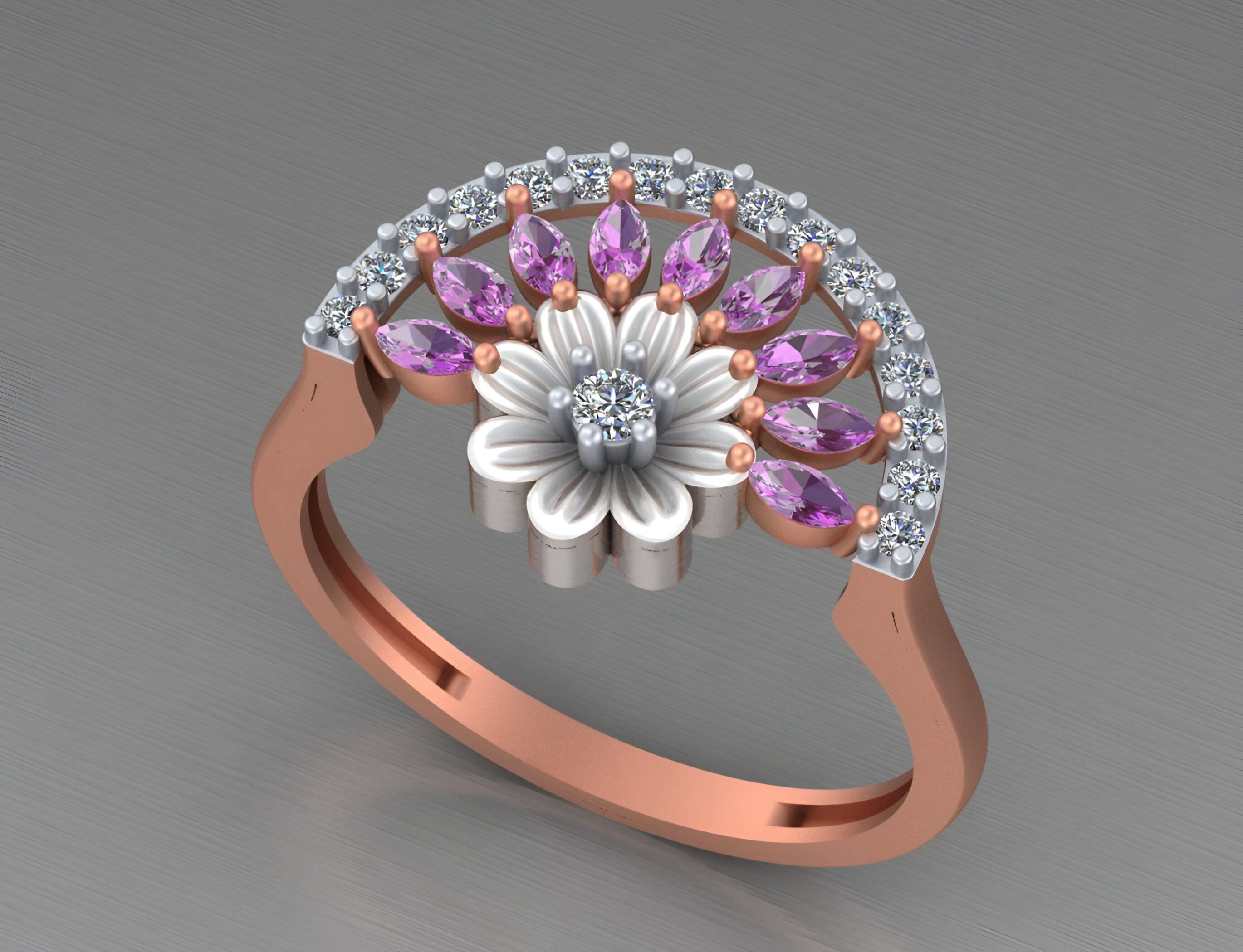Flower Light weight italian diamond ring 3dm stl renders details 3D print model_4