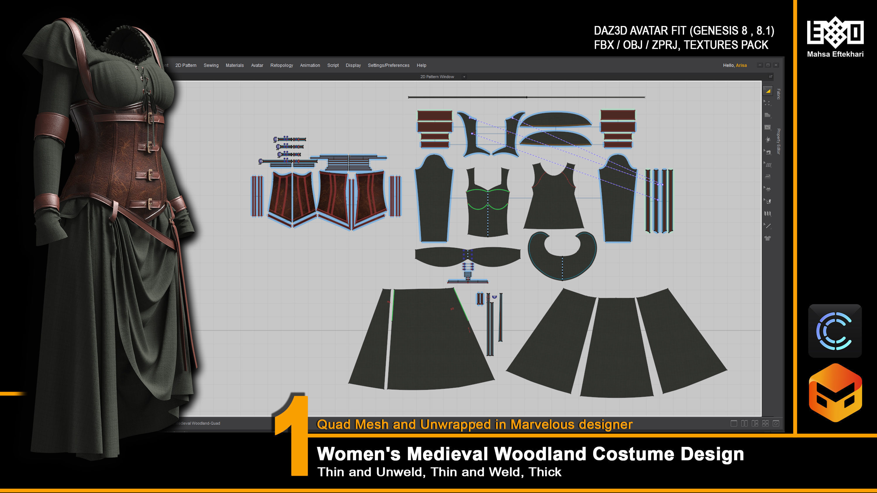 Women Medieval Woodland Costume Design 3D model_3