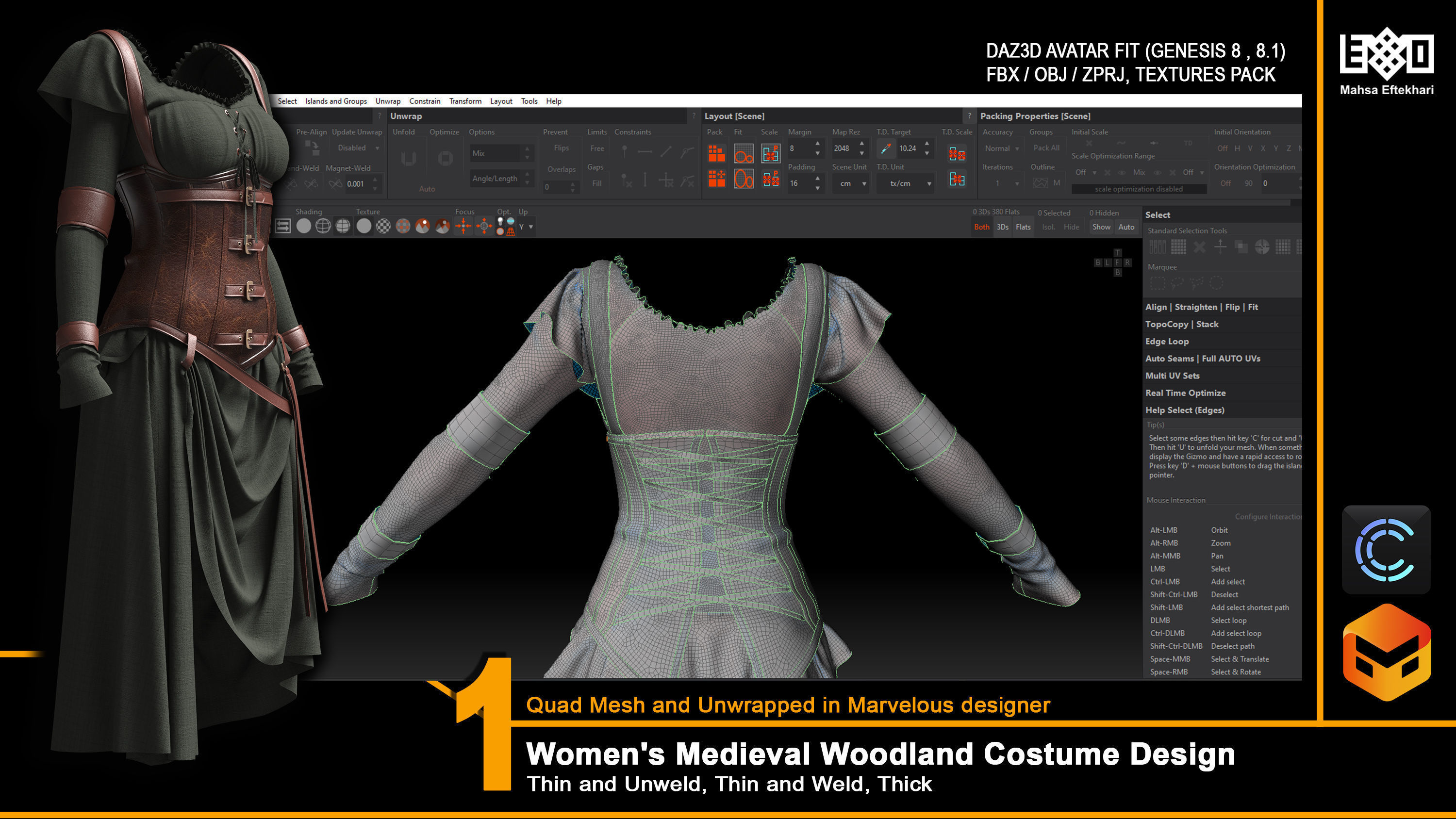 Women Medieval Woodland Costume Design 3D model_5