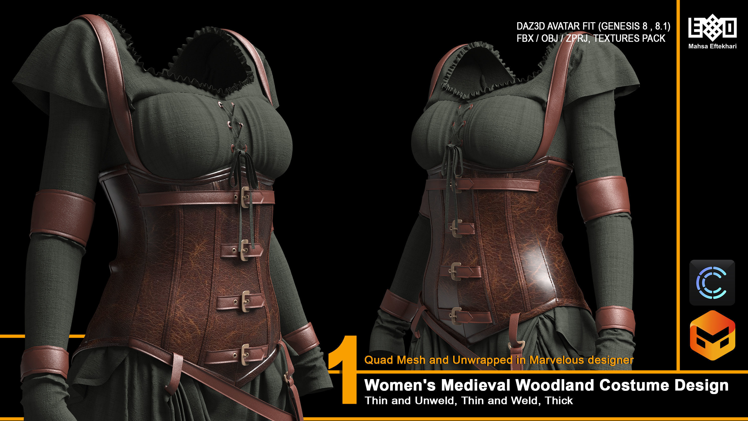 Women Medieval Woodland Costume Design 3D model_1