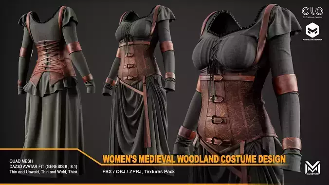 Women Medieval Woodland Costume Design - ZPRJ-FBX-OBJ Files