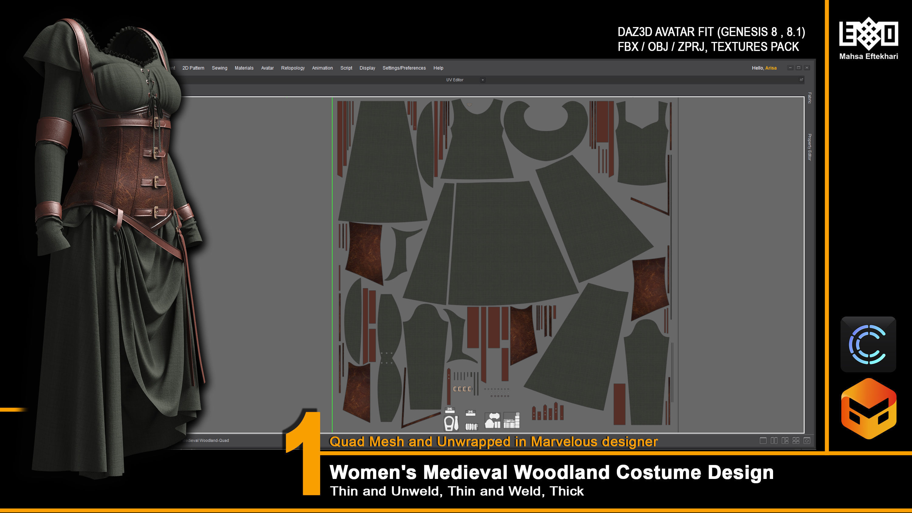 Women Medieval Woodland Costume Design 3D model_2