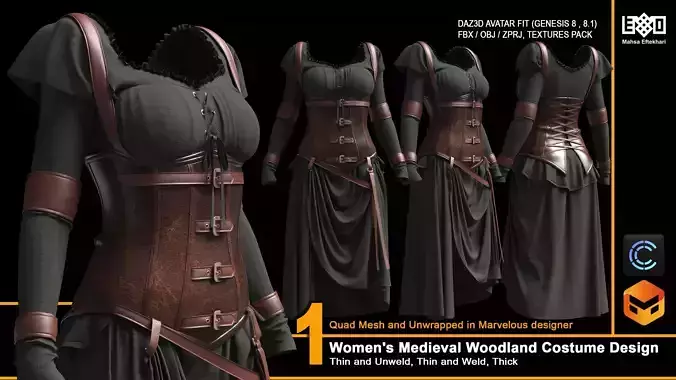 Women Medieval Woodland Costume Design 3D model