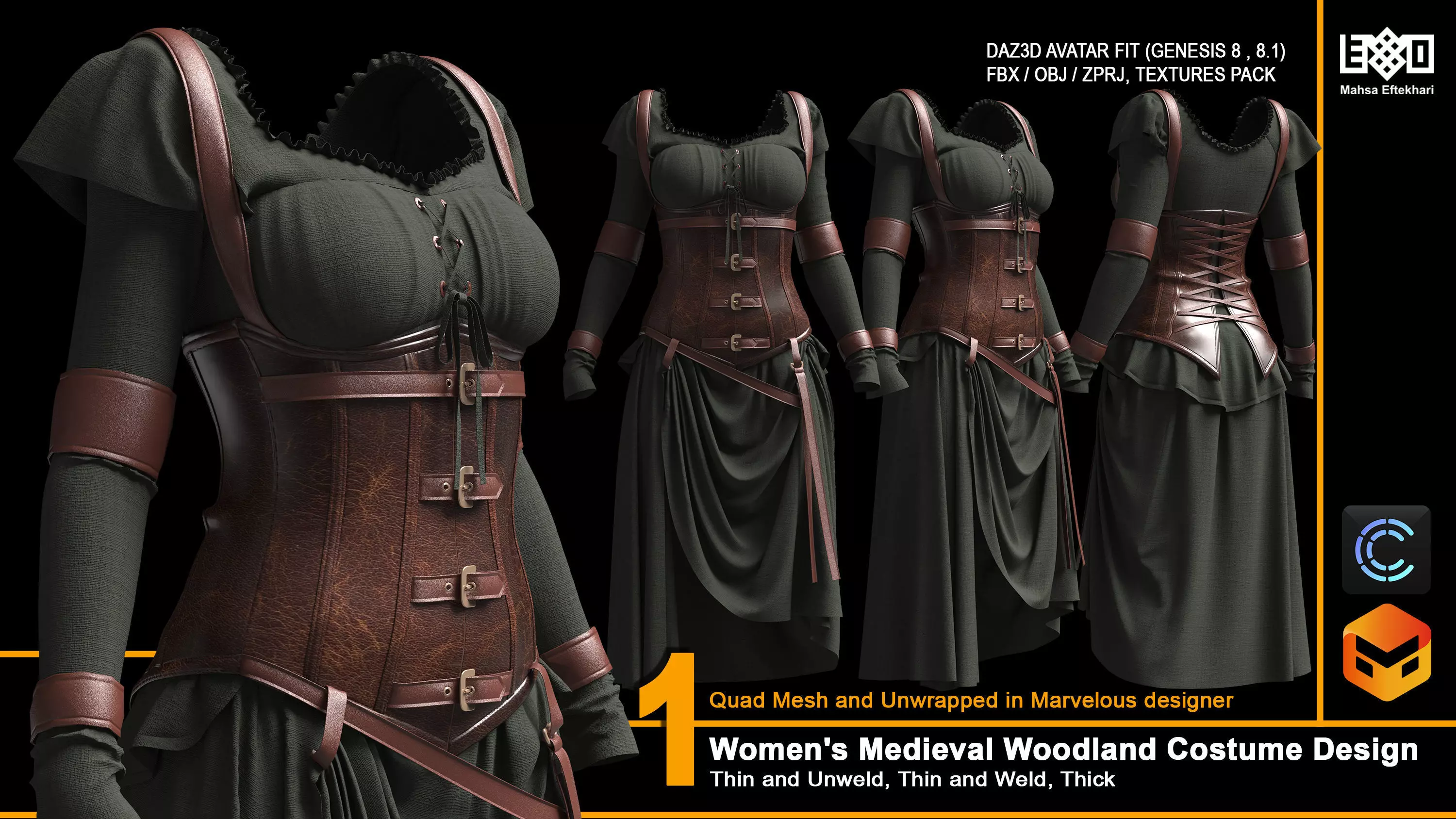 Women Medieval Woodland Costume Design 3D model_0