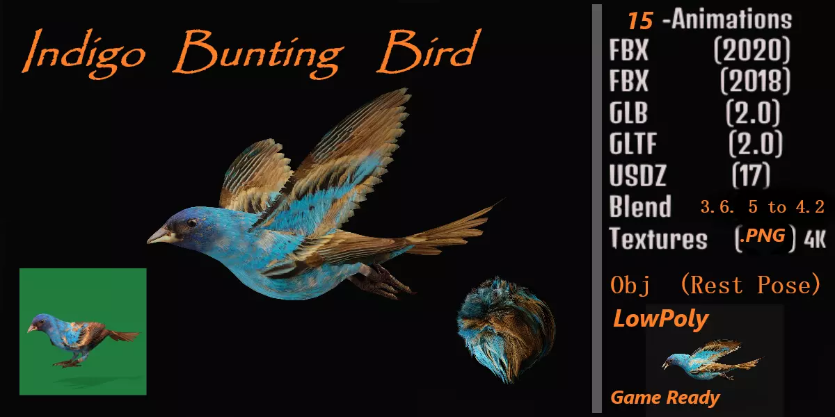 Indigo Bunting Blue Bird Low-poly 3D model_0