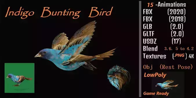 Indigo Bunting Blue Bird Low-poly 3D model