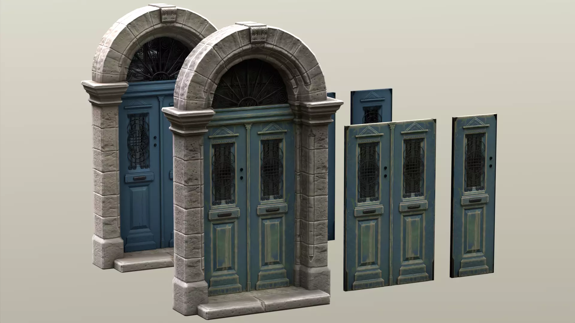 Entrance Double Door Concrete Frame Window Low-poly 3D model