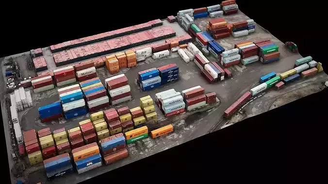cargo containers storage industrial terrain drone scan