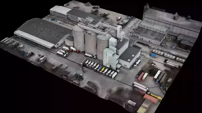 factory industrial building tubes terrain drone scan