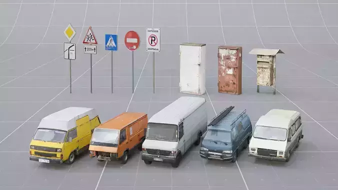 SKLAD - Roadside Vehicles Kit - Trucks Cars Signs Low-poly 3D model