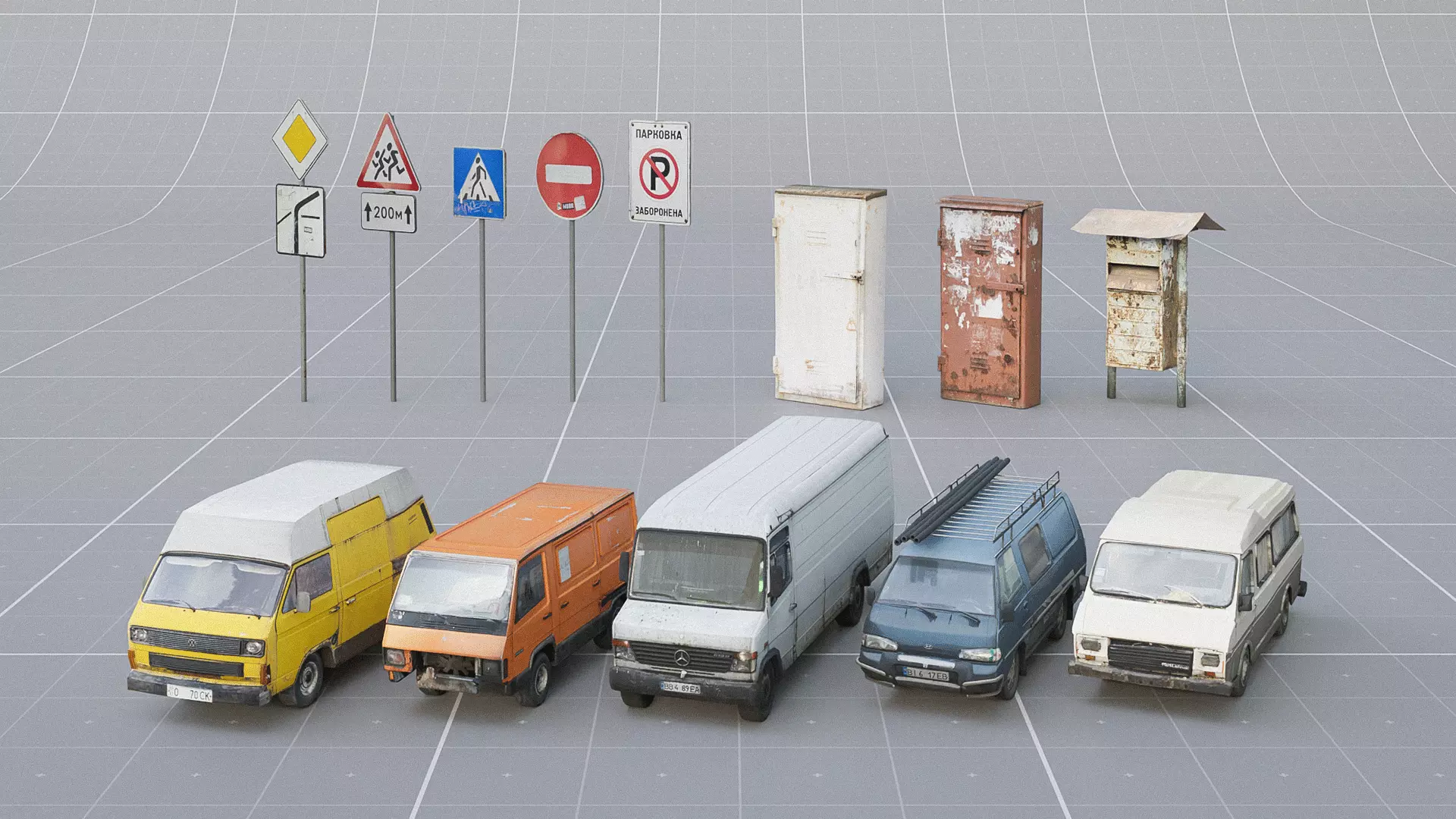 SKLAD - Roadside Vehicles Kit - Trucks Cars Signs Low-poly 3D model_0