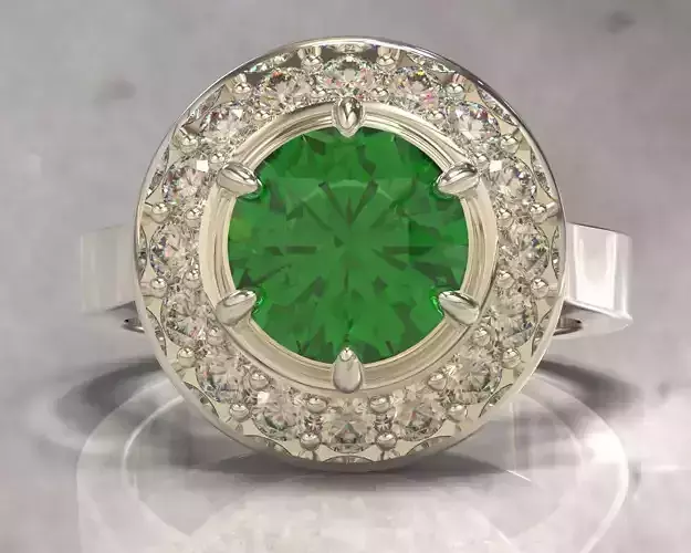 Cathedral style prong set emerald and diamond halo ring 