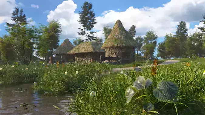 Realistic Nature Scene with Huts