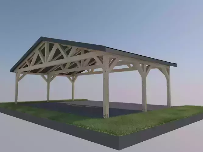 3D Model Carport 6x9 m  Wooden Shelter with Metal Roof 16 Slope