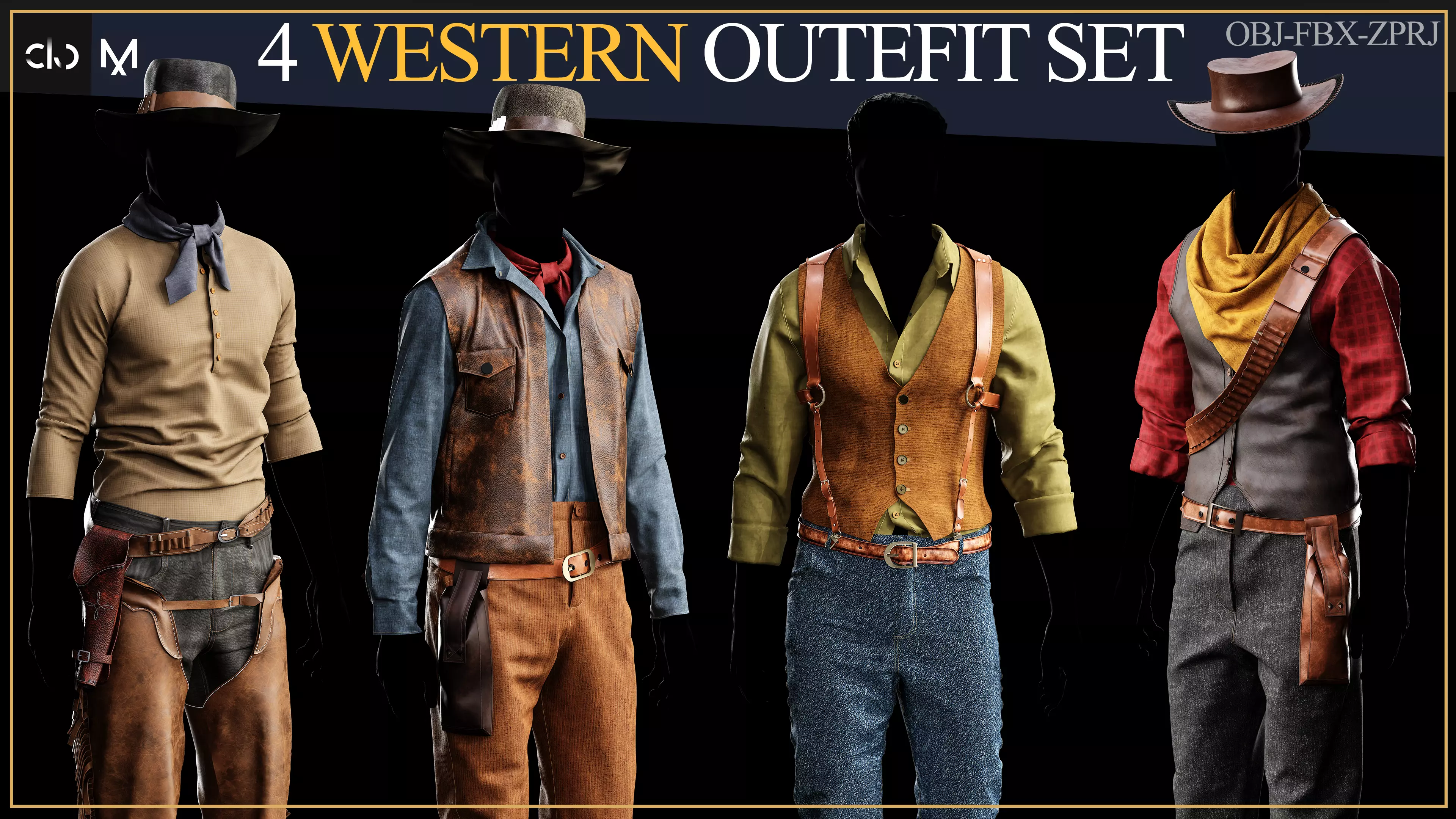 4 Western Outfits Set 3D print model_0