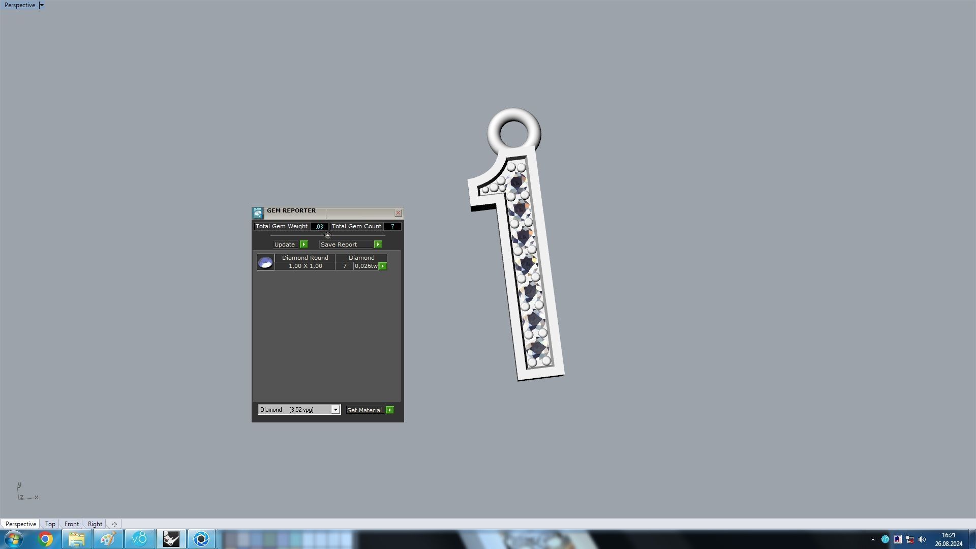 numeral pendant number one 1 with diamonds 3D print model_4