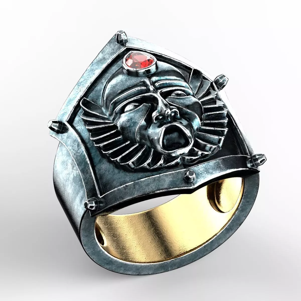 Warrior Mask Ring-PR with Pear Shape-Cut stone 3D print model