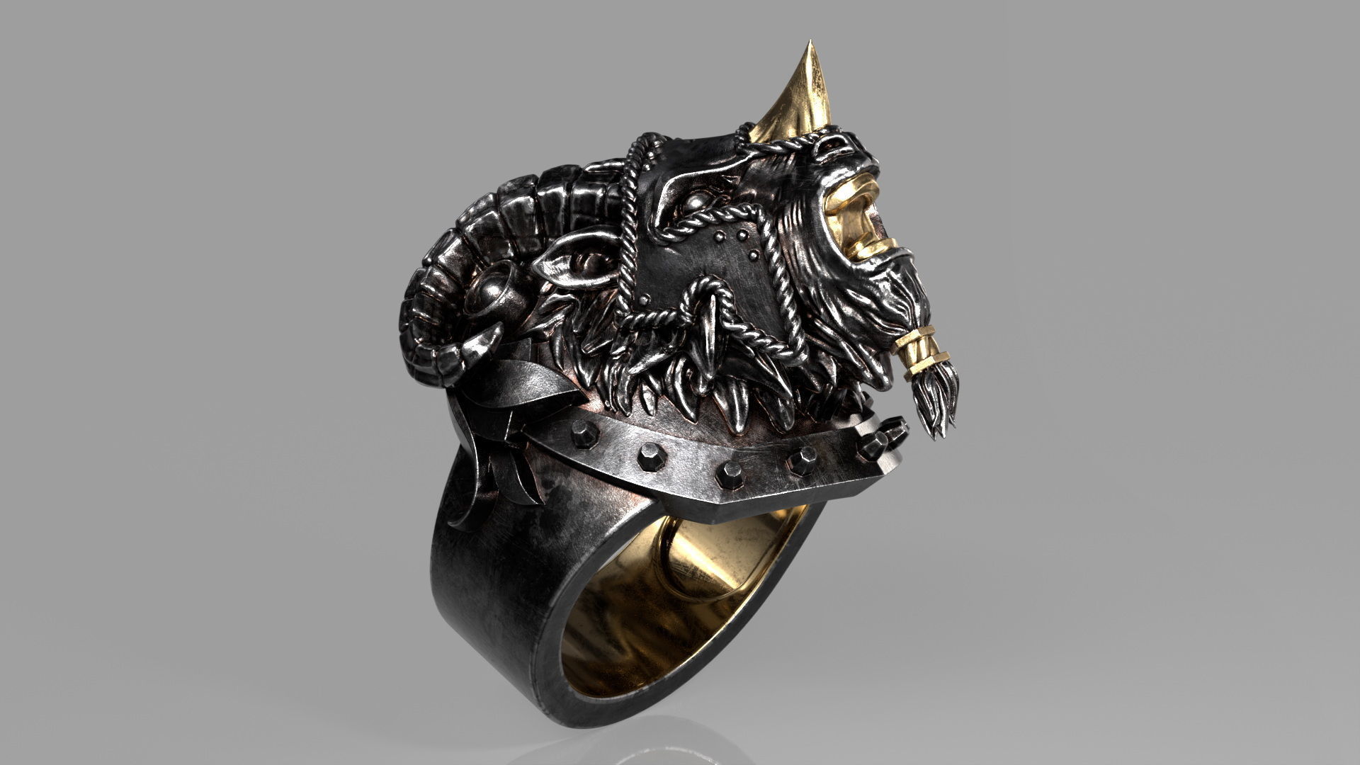 Armored Goat Ring STL 3D print model_1