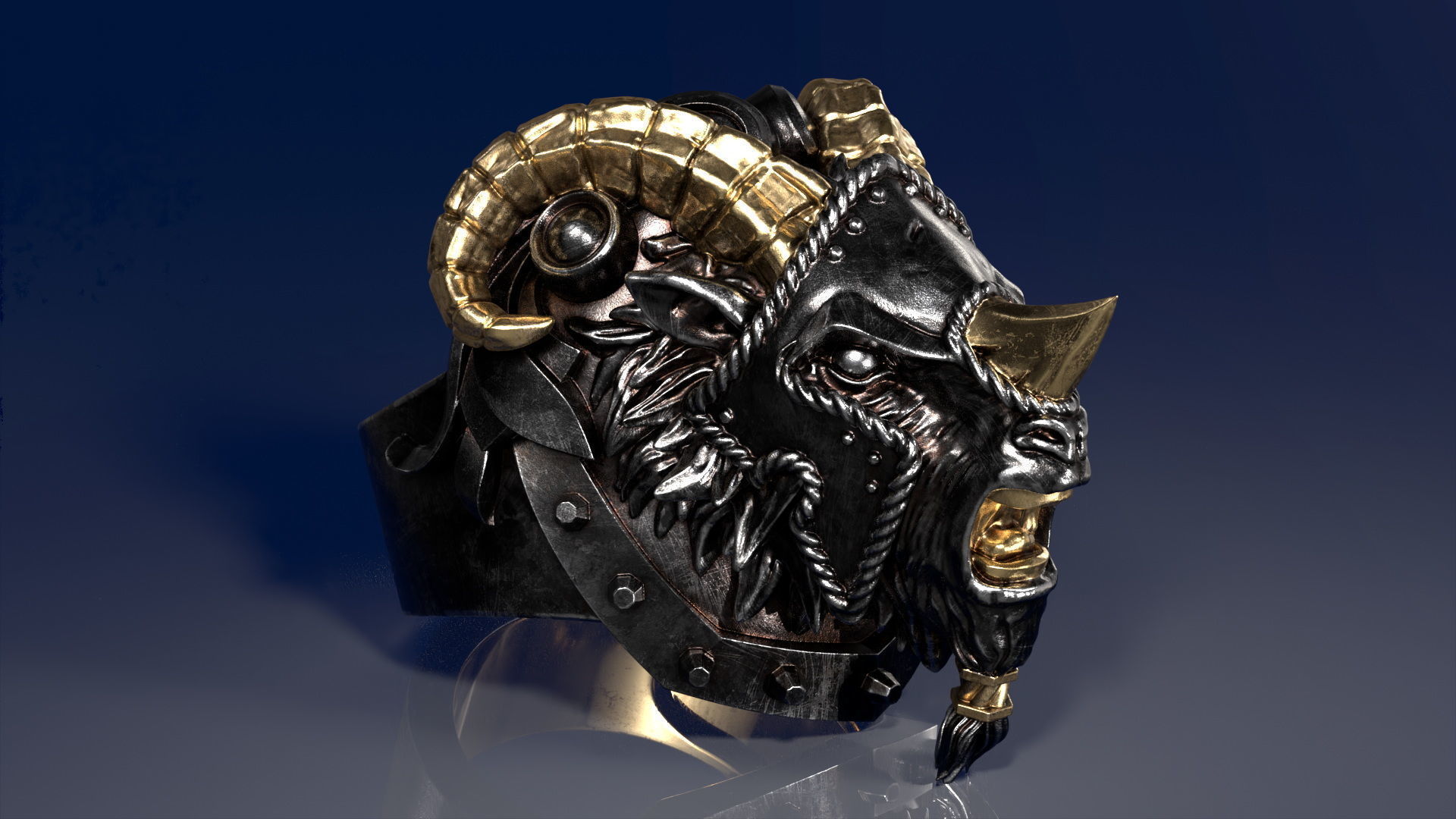 Armored Goat Ring STL 3D print model_17
