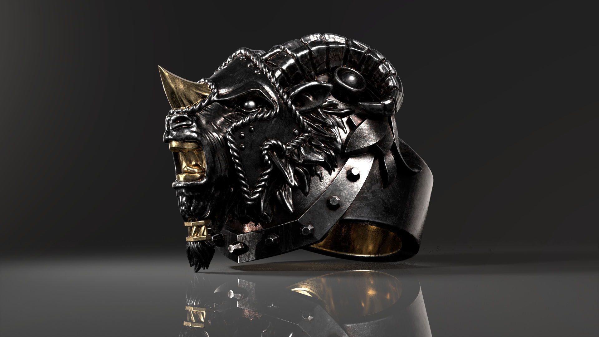 Armored Goat Ring STL 3D print model_4