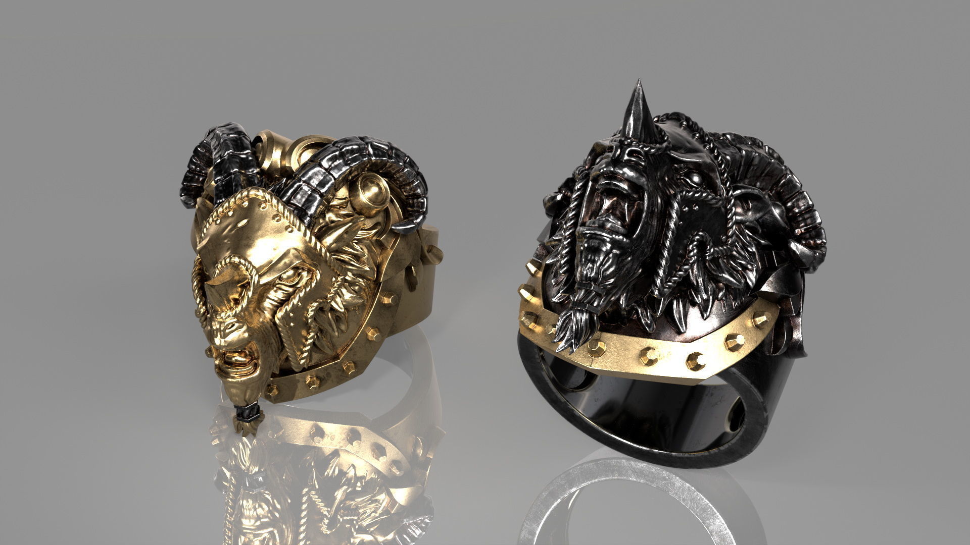 Armored Goat Ring STL 3D print model_14